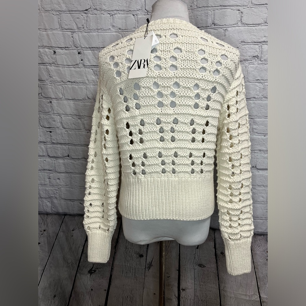 NWT- NEW ZARA 2024 LIGHT BEIGE OPEN KNIT TIE FRONT JACKET CARDIGAN - Picture 3 of 6